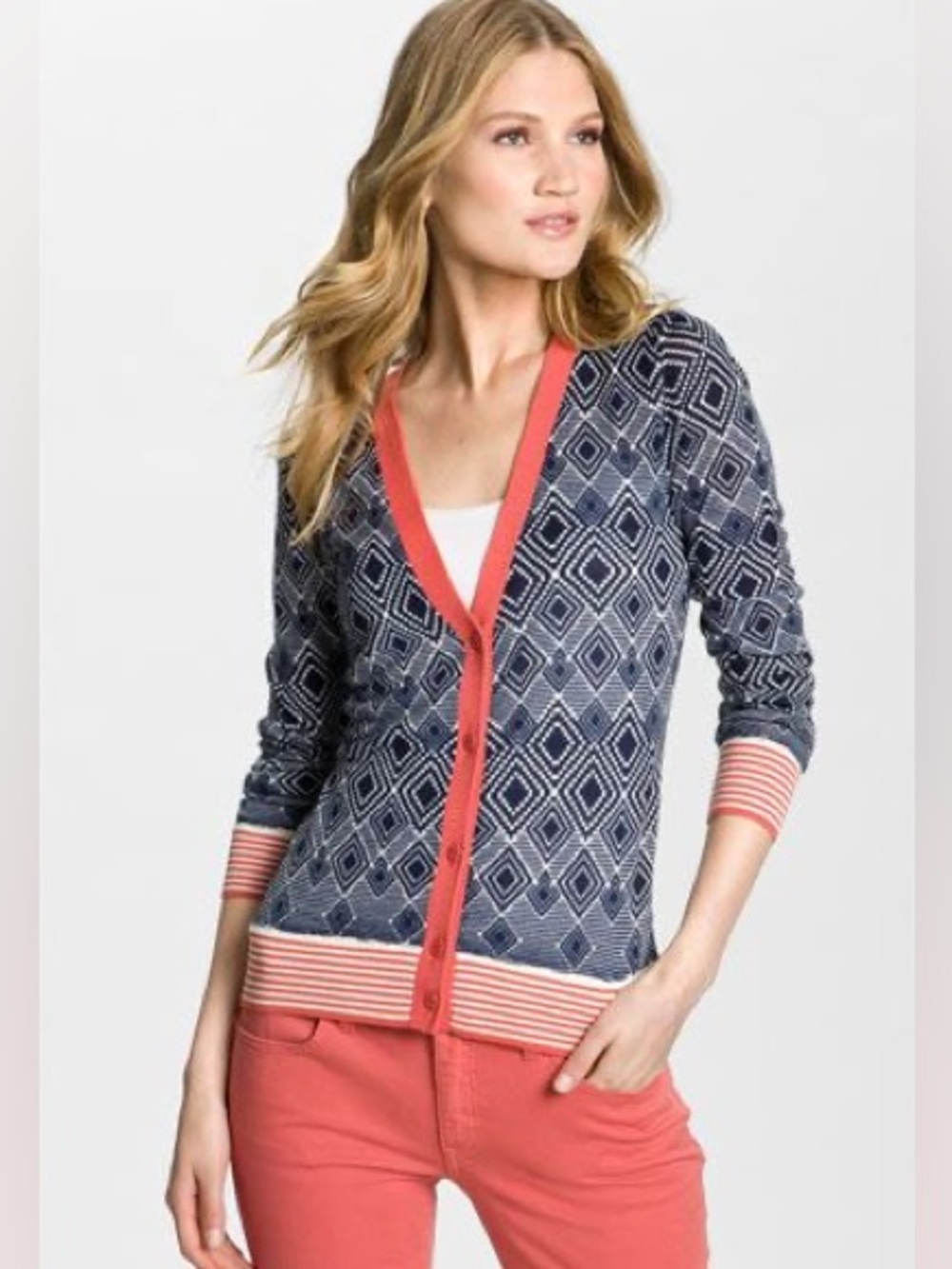 Tory Burch Merino Wool Geometric Cardigan Navy Coral M
